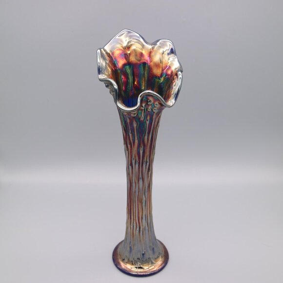 Fenton Other - Fenton Carnival Glass 13" Flower Swung Vase Iridescent Blue April Showers